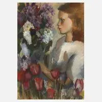 Otto Herbig, Mädchen mit Sommerblumen, Pastell auf bräunlichem Maschinenbütten
