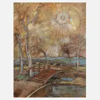 Carl Schmitz-Pleis, Landschaft mit Brücke, Gouache