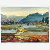 Gerhard Stengel, Bergige Landschaft mit Seen, Aquarell und Tusche auf leichtem Karton