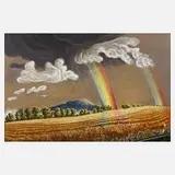 Werner Franz, "Grumbach – Ortsausgang mit Regenbogen", Öl auf Hartfaserplatte