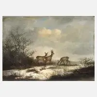 Georg Höhn, Rehwild in Winterlandschaft, Öl auf Holzplatte