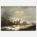 Georg Höhn, Rehwild in Winterlandschaft, Öl auf Holzplatte