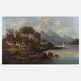 Julius Zopf, Bauernhäuser am See, Öl auf Leinwand