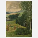 Eugen Hönig, Sommerlandschaft mit Strohpuppen, 1942, Öl auf Leinwand