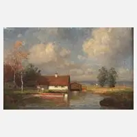 Curt Leopold, Fischerhütte am See, Öl auf Sperrholzplatte