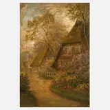 Marie Oesterley, Reetgedeckte Bauernhäuser, Öl auf Leinen auf Holz kaschiert