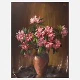 Erwin Schoppl, Rhododendronstillleben, Öl auf Hartfaserplatte