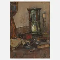 Vittore Zanetti Zilla, Stillleben mit Sanduhr, 1935, Öl auf Hartfaser