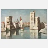 Tom Hops, Hafeneinfahrt La Rochelle, Öl auf Sperrholzplatte