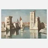Tom Hops, Hafeneinfahrt La Rochelle, Öl auf Sperrholzplatte