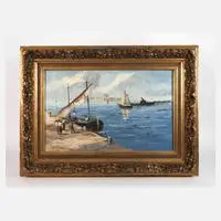 Georges Lapchine, Fischerboote vor Stadtkulisse, Öl auf Leinwand