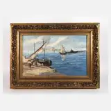 Georges Lapchine, Fischerboote vor Stadtkulisse, Öl auf Leinwand