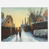 Petersen, Pärchen am Winterabend, 1970, Öl auf Leinwand