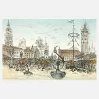 Michael Coudenhove-Kalergi, Der Viktualienmarkt, Farbradierung auf Velin