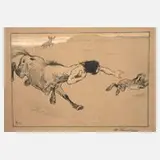 Otto Fikentscher, Kentauren bei der "Hasenjagd", Lithographie in Schwarz auf weißem Papier mit beiger Tonplatte