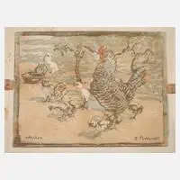 Emil Pottner, Henne mit ihren Küken, Farbholzschnitt auf Japanpapier