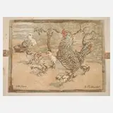Emil Pottner, Henne mit ihren Küken, Farbholzschnitt auf Japanpapier