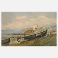 S. Koenig, Fischerboote an südlicher Küste, Aquarell