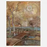 Carl Schmitz-Pleis, Landschaft mit Brücke, Gouache
