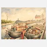 Franz Sikora, "Westhafen Berlin-Tiergarten", Kohlehaufen und Kräne unter locker bewölktem sommerlichen Himmel
