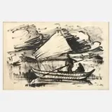 Ludwig Neu, Kahn auf dem Wasser, Tusche auf Papier