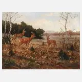 Franz Hienl-Merre, Rehe am Waldrand, Öl auf Holzplatte