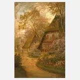 Marie Oesterley, Reetgedeckte Bauernhäuser, Öl auf Leinen auf Holz kaschiert