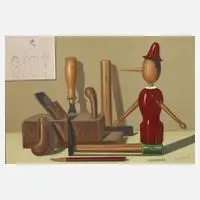 Gabriele Golinelli, "Pinocchio", Zeichnung und Holzpuppe eines Pinocchios