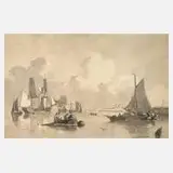 Petrus Johannes Schotel, Ruhige See mit Booten, Tusche auf Papier