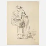 Eduard von Grützner, Die Radieschen-Verkäuferin, Bleistiftzeichnung auf Papier