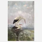 Moritz Müller-München, Störche im Nest, Öl auf Karton