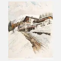 Robert Kasimir, Alpiner Berghof im Winter, Farbradierung
