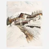 Robert Kasimir, Alpiner Berghof im Winter, Farbradierung