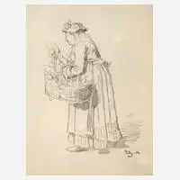 Die Radieschen-Verkäuferin by Eduard von Grützner, Bleistiftzeichnung auf Papier, offered Nov 2025