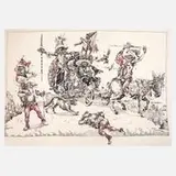 Alexander Litvinov, Fahrendes Volk, 1990, Tuschefeder in Schwarz und Rot auf leichtem Karton