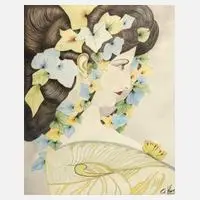 A. Kefer, Dame mit floralem Schmuck, Farbzeichnung