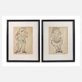 Bjørn Wiinblad, Harlekin und Colombina, Tuschezeichnungen in Blau auf Papier