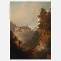 Ferdinand Feldhütter, Burg im Gebirge, Öl auf Malkarton