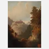 Ferdinand Feldhütter, Burg im Gebirge, Öl auf Malkarton