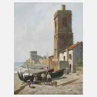 Jacques Carabain, Fischerfamilie am Strand, Öl auf Leinwand