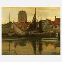 Max Clarenbach, "Fischerhafen am Abend" GDK 1942, Öl auf Leinwand