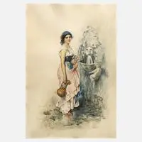 Arnaldo De Lisio, Neapolitanerin am Brunnen, Aquarell auf Bütten