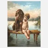 B. Oscar, Kind mit Hund auf einem Bootssteg, Öl auf Leinwand