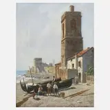 Jacques Carabain, Fischerfamilie am Strand, Öl auf Leinwand