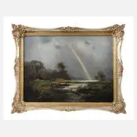 Gerhard Geidel, Regenbogen am Fluss, Öl auf Karton