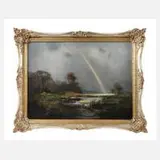 Gerhard Geidel, Regenbogen am Fluss, Öl auf Karton