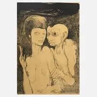 Ernst Fuchs, "Das ungleiche Paar", Lithographie mit Tonplatte auf Velin