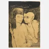 Ernst Fuchs, "Das ungleiche Paar", Lithographie mit Tonplatte auf Velin