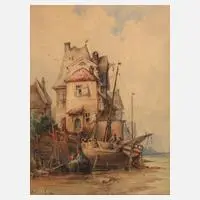 Hermann Moritz Wunderlich, Fischerboote am Kai, 1886, Aquarell auf Papier