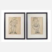 Bjørn Wiinblad, Harlekin und Colombina, Tuschezeichnungen in Blau auf Papier